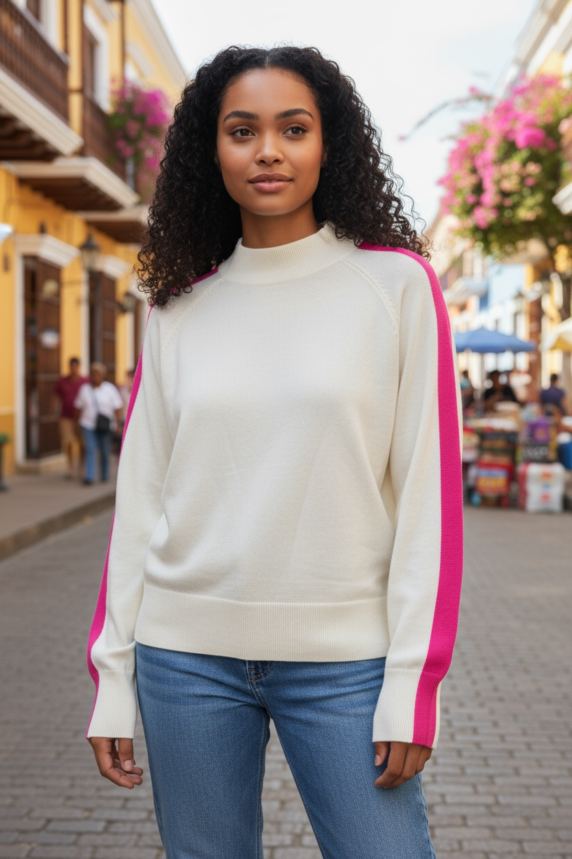 Pull ivoire à bandes framboise
