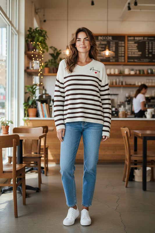 Pull amour blanc à rayure chocolat