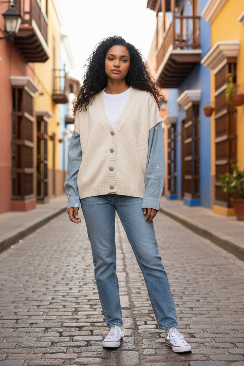Gilet GIGI beige clair avec manche tissu denim
